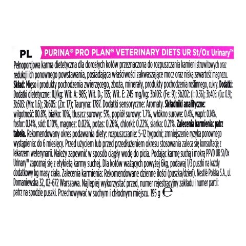 PURINA NESTLE PURINA PRO PLAN VETERINARY DIETS UR ST/OX Turkey Urinary Formula Cat - mokra karma dla kota - 195 g PURINA NESTLE PURINA PRO PLAN VETERINARY DIETS UR ST/OX Turkey Urinary Formula Cat - mokra karma dla kota - 195 g