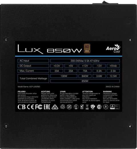Aerocool ZASILACZ AEROCOOL PGS LUX 850W 80+ Bronze/ PSU Aerocool ZASILACZ AEROCOOL PGS LUX 850W 80+ Bronze/ PSU