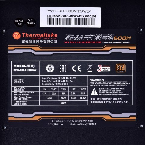 Thermaltake Zasilacz Thermaltake Smart SE2 600W PS-SPS-0600MNSAWE-1 (600 W; Aktywne; 120 mm) Thermaltake Zasilacz Thermaltake Smart SE2 600W PS-SPS-0600MNSAWE-1 (600 W; Aktywne; 120 mm)
