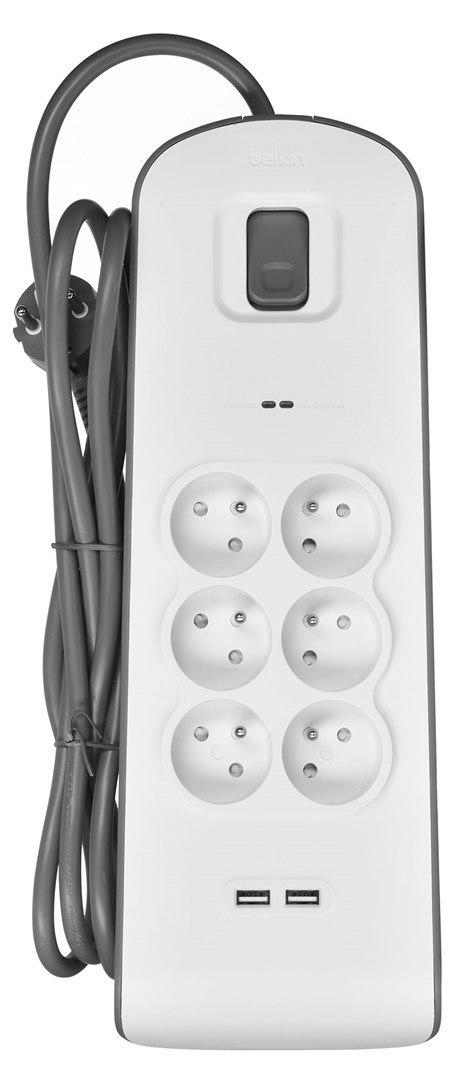 Belkin Listwa zasilająca Belkin Power Surge 6-PORT + 2xUSB-A 2.4A 650J 2m Grey/White Belkin Listwa zasilająca Belkin Power Surge 6-PORT + 2xUSB-A 2.4A 650J 2m Grey/White