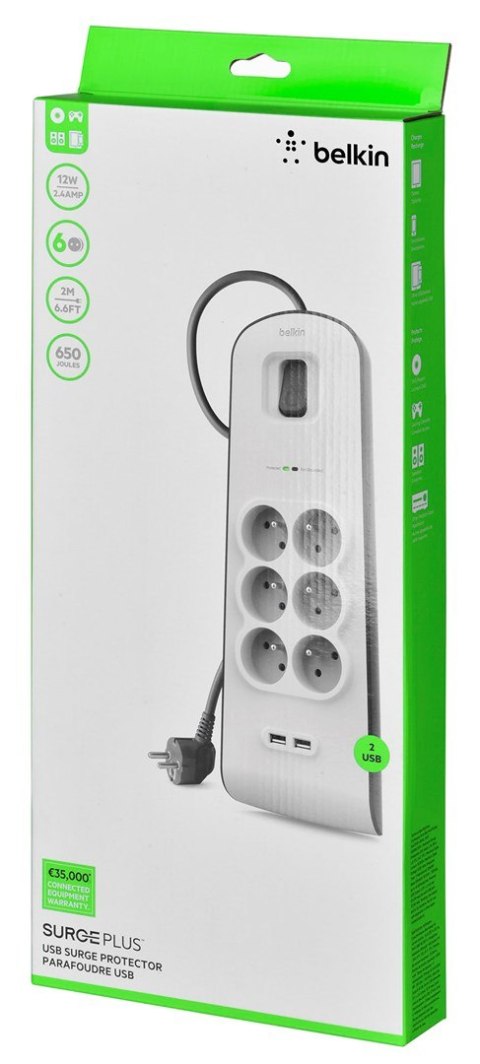 Belkin Listwa zasilająca Belkin Power Surge 6-PORT + 2xUSB-A 2.4A 650J 2m Grey/White Belkin Listwa zasilająca Belkin Power Surge 6-PORT + 2xUSB-A 2.4A 650J 2m Grey/White