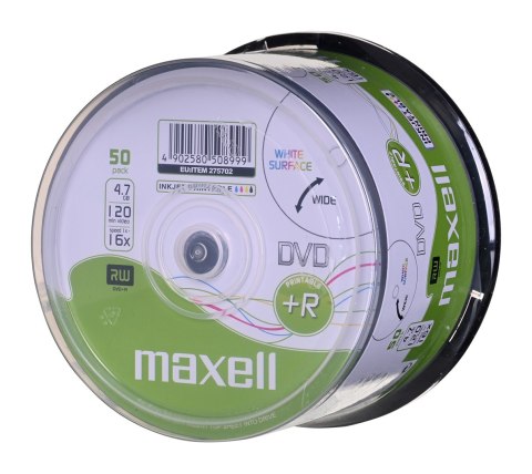 Maxell MAXELL Płyta DVD+R 4,7GB, 50 szt. w opakowaniu cake (szpindel). Prędkość zapisu 16X, 120 min. Płyty do nadruku atramentowego. Pr Maxell MAXELL Płyta DVD+R 4,7GB, 50 szt. w opakowaniu cake (szpindel). Prędkość zapisu 16X, 120 min. Płyty do nadruku atramentowego. Pr