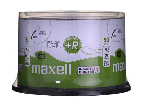 Maxell MAXELL Płyta DVD+R 4,7GB, 50 szt. w opakowaniu cake (szpindel). Prędkość zapisu 16X, 120 min. Płyty do nadruku atramentowego. Pr Maxell MAXELL Płyta DVD+R 4,7GB, 50 szt. w opakowaniu cake (szpindel). Prędkość zapisu 16X, 120 min. Płyty do nadruku atramentowego. Pr