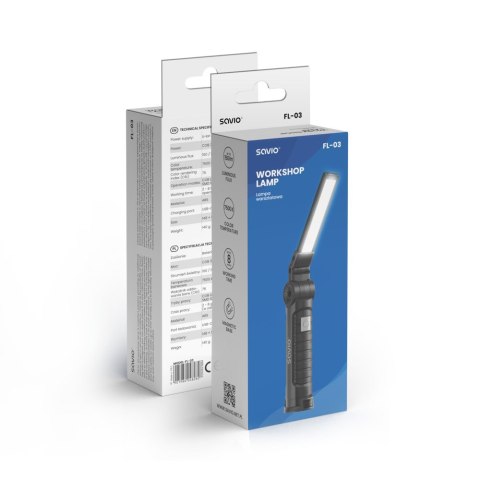 SAVIO SAVIO LAMPA WARSZTATOWA AKUMULATOROWA COB LED 3W, USB, 150 LM, SKŁADANA, Z MAGNESEM, FL-03