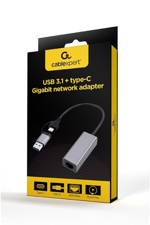 GEMBIRD GEMBIRD ADAPTER USB TYP 3.1 + USB-C -> LAN RJ45 GIGABIT 15CM GEMBIRD GEMBIRD ADAPTER USB TYP 3.1 + USB-C -> LAN RJ45 GIGABIT 15CM