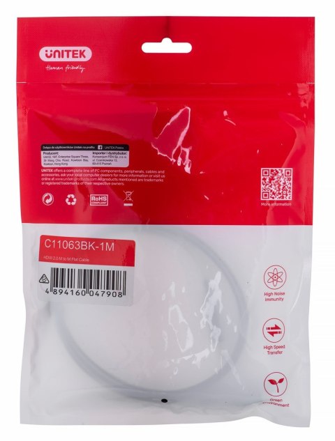 UNITEK UNITEK KABEL HDMI 2.0 4K60HZ, PŁASKI, 1M, C11063BK UNITEK UNITEK KABEL HDMI 2.0 4K60HZ, PŁASKI, 1M, C11063BK