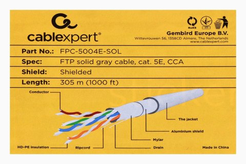 GEMBIRD Kabel FTP GEMBIRD FPC-5004E-SOL (F/UTP - F/UTP ; FTP; 305m; kat. 5e; kolor szary) GEMBIRD Kabel FTP GEMBIRD FPC-5004E-SOL (F/UTP - F/UTP ; FTP; 305m; kat. 5e; kolor szary)