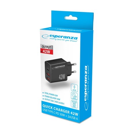 Esperanza ESPERANZA ŁADOWARKA SIECIOWA 42W USB-C PD 30W / 2X USB-A 12W EZC106K Esperanza ESPERANZA ŁADOWARKA SIECIOWA 42W USB-C PD 30W / 2X USB-A 12W EZC106K