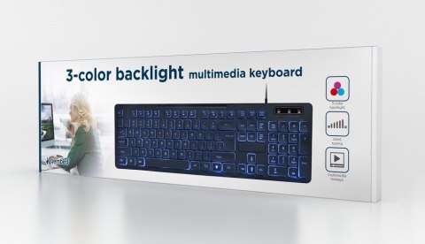 GEMBIRD GEMBIRD KLAWIATURA MULTIMEDIALNA Z TRÓJKOLOROWYM PODŚWIETLENIEM USB, US LAYOUT, CZARNA GEMBIRD GEMBIRD KLAWIATURA MULTIMEDIALNA Z TRÓJKOLOROWYM PODŚWIETLENIEM USB, US LAYOUT, CZARNA