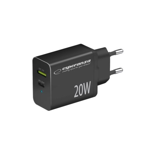 Esperanza ESPERANZA ŁADOWARKA SIECIOWA 20W USB-C PD 20W / USB-A QC 3.0 18W CZARNA EZC105K Esperanza ESPERANZA ŁADOWARKA SIECIOWA 20W USB-C PD 20W / USB-A QC 3.0 18W CZARNA EZC105K