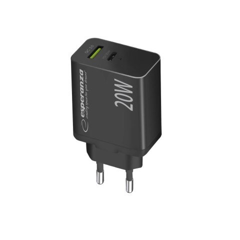 Esperanza ESPERANZA ŁADOWARKA SIECIOWA 20W USB-C PD 20W / USB-A QC 3.0 18W CZARNA EZC105K Esperanza ESPERANZA ŁADOWARKA SIECIOWA 20W USB-C PD 20W / USB-A QC 3.0 18W CZARNA EZC105K