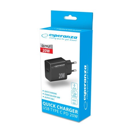 Esperanza ESPERANZA ŁADOWARKA SIECIOWA 20W USB-C PD CZARNA EZC104K Esperanza ESPERANZA ŁADOWARKA SIECIOWA 20W USB-C PD CZARNA EZC104K
