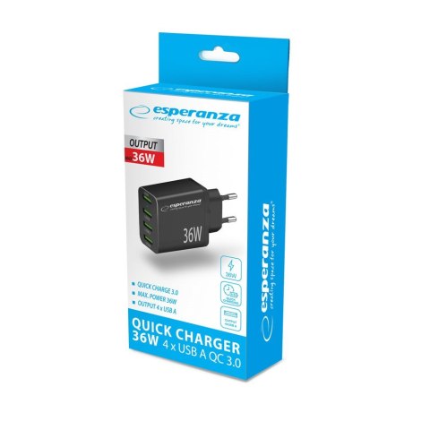 Esperanza ESPERANZA ŁADOWARKA SIECIOWA 36W 4X USB-A QC 3.0 18W EZC107K Esperanza ESPERANZA ŁADOWARKA SIECIOWA 36W 4X USB-A QC 3.0 18W EZC107K