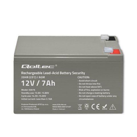 Qoltec QOLTEC AKUMULATOR AGM 12V | 7AH | MAX. 105A | SECURITY