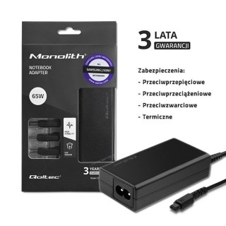 Qoltec QOLTEC ZASILACZ DO LAPTOPÓW SPECJALIZOWANY DO SAMSUNG / SONY 65W | 3WTYCZKI | +KABEL ZASILAJĄCY