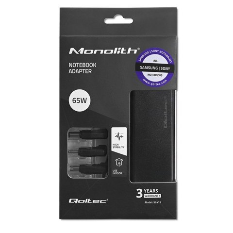 Qoltec QOLTEC ZASILACZ DO LAPTOPÓW SPECJALIZOWANY DO SAMSUNG / SONY 65W | 3WTYCZKI | +KABEL ZASILAJĄCY