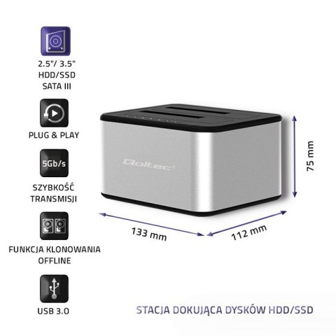 Qoltec QOLTEC STACJA DOKUJĄCA DYSKÓW 2XHDD/SSD 2.5"/3.5" SATA | USB 3.0 | KLONOWANIE