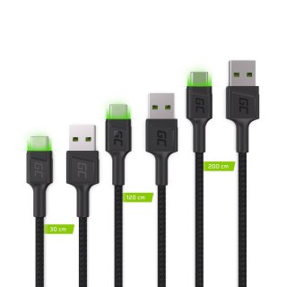 Green Cell GREEN CELL ZESTAW KABLI KABGCSET01 3X KABEL GC RAY USB - USB-C 30CM, 120CM, 200CM, ZIELONY LED