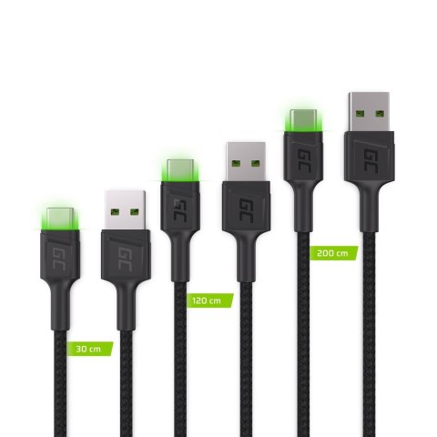 Green Cell GREEN CELL ZESTAW KABLI KABGCSET01 3X KABEL GC RAY USB - USB-C 30CM, 120CM, 200CM, ZIELONY LED