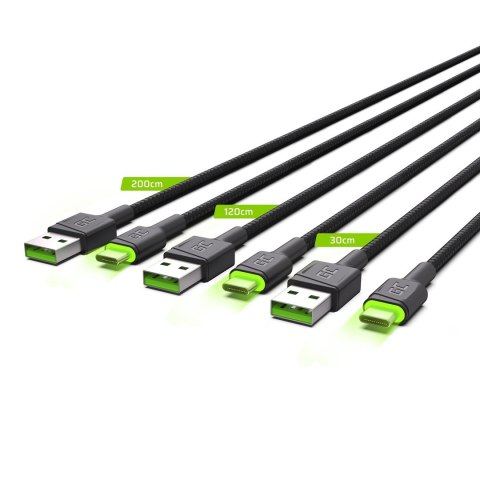 Green Cell GREEN CELL ZESTAW KABLI KABGCSET01 3X KABEL GC RAY USB - USB-C 30CM, 120CM, 200CM, ZIELONY LED