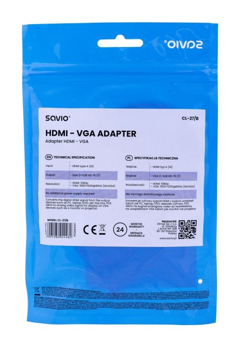 SAVIO Adapter SAVIO CL-27/B (HDMI M - D-Sub (VGA) F; 0,10m; kolor biały) SAVIO Adapter SAVIO CL-27/B (HDMI M - D-Sub (VGA) F; 0,10m; kolor biały)
