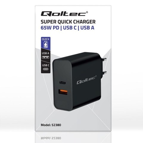 Qoltec QOLTEC ŁADOWARKA SUPER QUICK PD | 1XUSB-C | 1XUSB | 65W | 5-20V | 1.5-3.25A | CZARNA