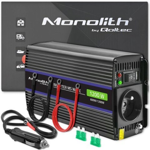 Qoltec QOLTEC PRZETWORNICA NAPIĘCIA MONOLITH 1200 MS WAVE | 12V NA 230V | 600/1200W | USB