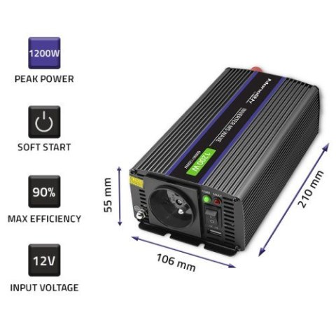 Qoltec QOLTEC PRZETWORNICA NAPIĘCIA MONOLITH 1200 MS WAVE | 12V NA 230V | 600/1200W | USB