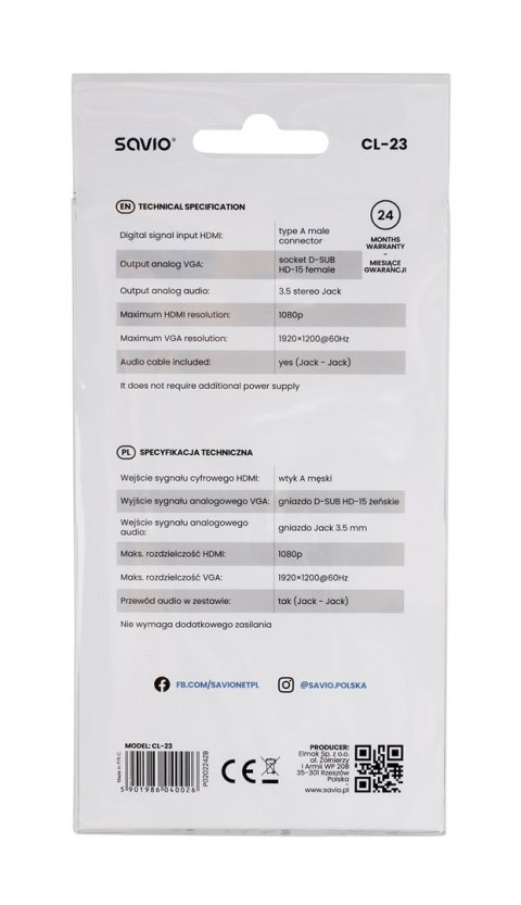 SAVIO Adapter SAVIO cl-23 (HDMI M - D-Sub (VGA) F; 0,20m; kolor czarny)