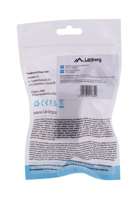 Lanberg LANBERG ZŁĄCZKA SIECIOWA PRZELOTKA 2X RJ45 KAT.6 UTP AD-RJ45-RJ45-OU6