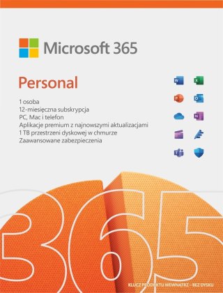 Microsoft Microsoft 365 Personal PL (1 osoba.; 5 urządzeń ; 12 miesięcy; wersja fizyczna; Polska) (QQ2-01752)