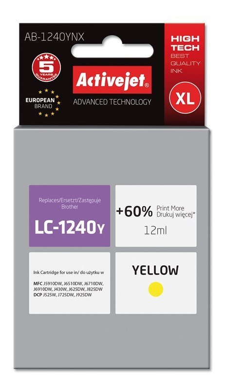 Activejet Activejet AB-1240YNX Tusz (zamiennik Brother LC1240Y/1220Y; Supreme; 12 ml; żółty) Activejet Activejet AB-1240YNX Tusz (zamiennik Brother LC1240Y/1220Y; Supreme; 12 ml; żółty)