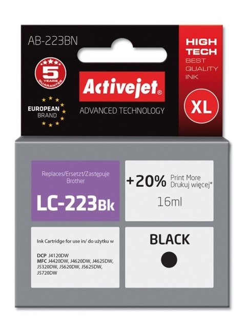 Activejet Activejet AB-223BN Tusz (zamiennik Brother LC223BK; Supreme; 16 ml; czarny) Activejet Activejet AB-223BN Tusz (zamiennik Brother LC223BK; Supreme; 16 ml; czarny)