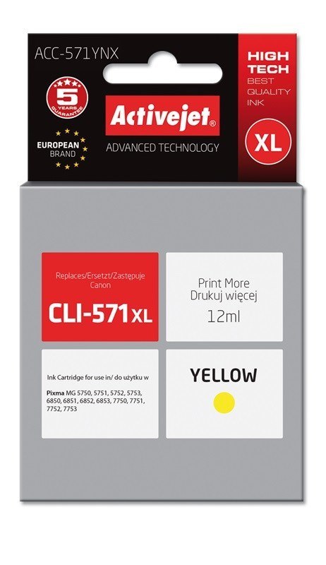Activejet Activejet ACC-571YNX Tusz (zamiennik Canon CLI-571XLY; Supreme; 12 ml; żółty) Activejet Activejet ACC-571YNX Tusz (zamiennik Canon CLI-571XLY; Supreme; 12 ml; żółty)