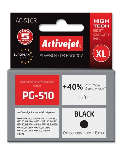 Activejet Activejet AC-510R Tusz (zamiennik Canon PG-510; Premium; 12 ml; czarny) Activejet Activejet AC-510R Tusz (zamiennik Canon PG-510; Premium; 12 ml; czarny)