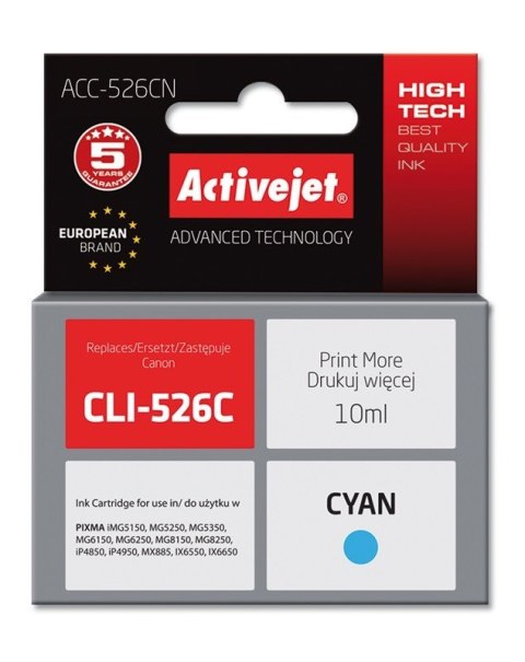 Activejet Activejet ACC-526CN Tusz (zamiennik Canon CLI-526C; Supreme; 10 ml; niebieski) Activejet Activejet ACC-526CN Tusz (zamiennik Canon CLI-526C; Supreme; 10 ml; niebieski)