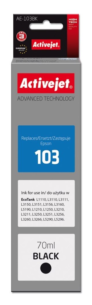 Activejet Activejet AE-103Bk Tusz (zamiennik Epson 103 C13T00S14A; Supreme; 70 ml; 4500, czarny). Buteleczki z atramentem.