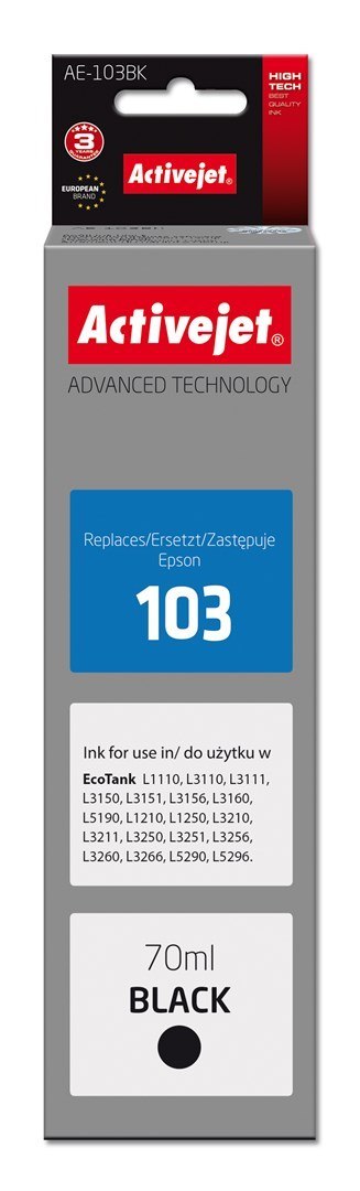 Activejet Activejet AE-103Bk Tusz (zamiennik Epson 103 C13T00S14A; Supreme; 70 ml; 4500, czarny). Buteleczki z atramentem. Activejet Activejet AE-103Bk Tusz (zamiennik Epson 103 C13T00S14A; Supreme; 70 ml; 4500, czarny). Buteleczki z atramentem.