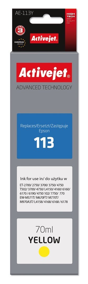 Activejet Activejet AE-113Y Tusz (zamiennik Epson 113 C13T06B440; Supreme;70ml; żółty) Activejet Activejet AE-113Y Tusz (zamiennik Epson 113 C13T06B440; Supreme;70ml; żółty)