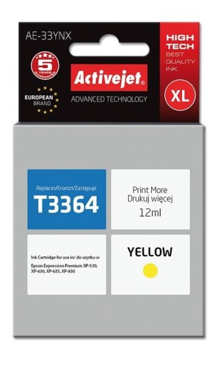 Activejet Activejet AE-33YNX Tusz (zamiennik Epson 33XL T3364; Supreme; 12 ml; żółty)