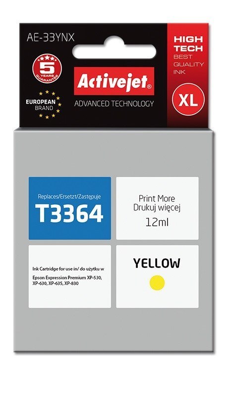 Activejet Activejet AE-33YNX Tusz (zamiennik Epson 33XL T3364; Supreme; 12 ml; żółty) Activejet Activejet AE-33YNX Tusz (zamiennik Epson 33XL T3364; Supreme; 12 ml; żółty)