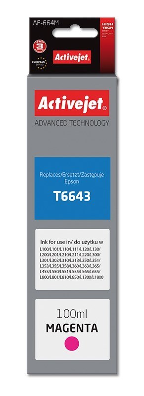 Activejet Activejet AE-664M Tusz (zamiennik Epson T6643; Supreme; 100 ml; czerwony) Activejet Activejet AE-664M Tusz (zamiennik Epson T6643; Supreme; 100 ml; czerwony)