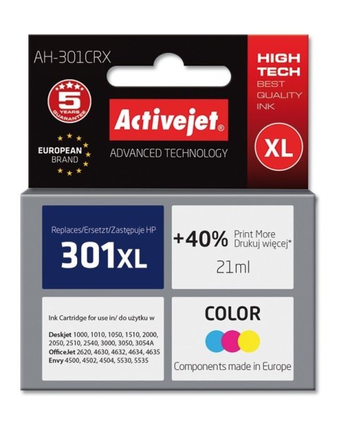 Activejet Activejet AH-301CRX Tusz (zamiennik HP 301XL CH564EE; Premium; 21 ml; kolor) Activejet Activejet AH-301CRX Tusz (zamiennik HP 301XL CH564EE; Premium; 21 ml; kolor)