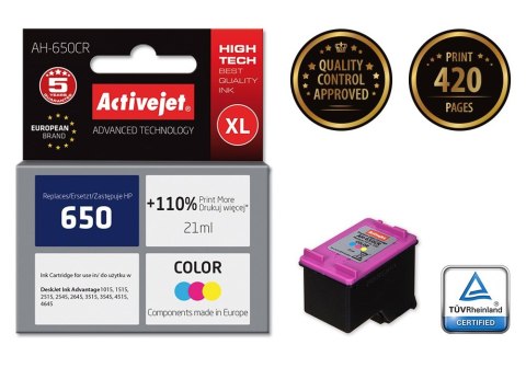 Activejet Activejet AH-650CR Tusz (zamiennik HP 650 CZ102AE; Premium; 21 ml; kolor) Activejet Activejet AH-650CR Tusz (zamiennik HP 650 CZ102AE; Premium; 21 ml; kolor)