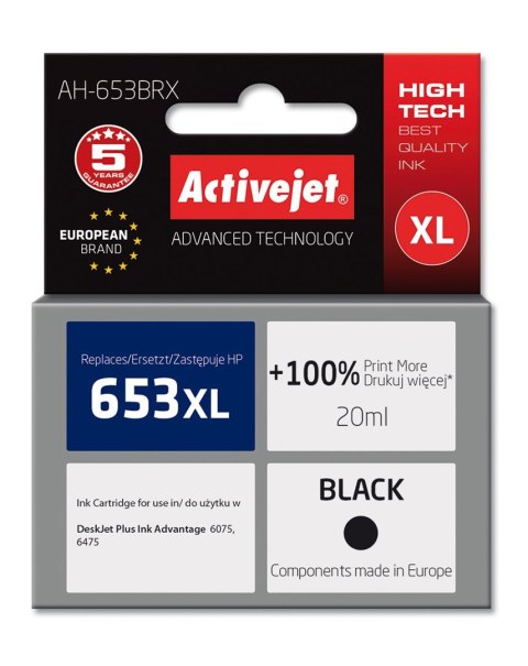 Activejet Activejet AH-653BRX Tusz (zamiennik HP 653XL 3YM75AE; Premium; 720 stron; 20 ml, czarny)