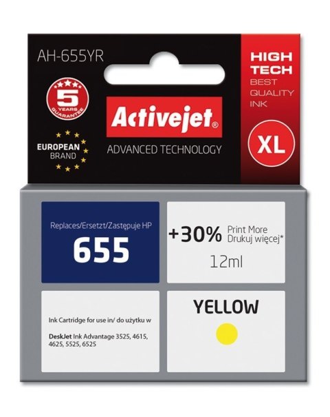 Activejet Activejet AH-655YR Tusz (zamiennik HP 655 CZ112AE; Premium; 12 ml; żółty) Activejet Activejet AH-655YR Tusz (zamiennik HP 655 CZ112AE; Premium; 12 ml; żółty)
