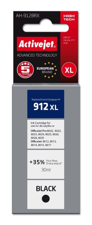 Activejet Activejet AH-912BRX Tusz (zamiennik HP 912XL 3YL84AE; Premium; 1100 stron; 30 ml, czarny)