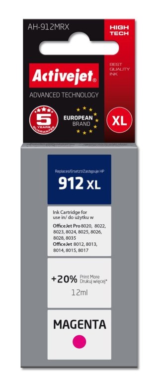 Activejet Activejet AH-912MRX Tusz (zamiennik HP 912XL 3YL82AE; Premium; 990 stron; 12 ml, czerwony)