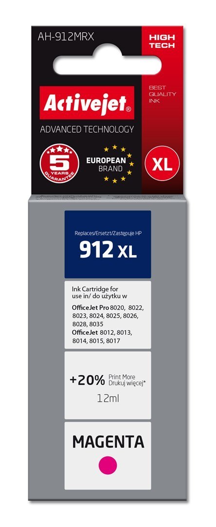 Activejet Activejet AH-912MRX Tusz (zamiennik HP 912XL 3YL82AE; Premium; 990 stron; 12 ml, czerwony) Activejet Activejet AH-912MRX Tusz (zamiennik HP 912XL 3YL82AE; Premium; 990 stron; 12 ml, czerwony)