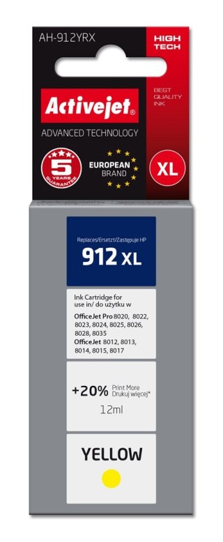 Activejet Activejet AH-912YRX Tusz (zamiennik HP 912XL 3YL83AE; Premium; 990 stron; 12 ml, żółty)